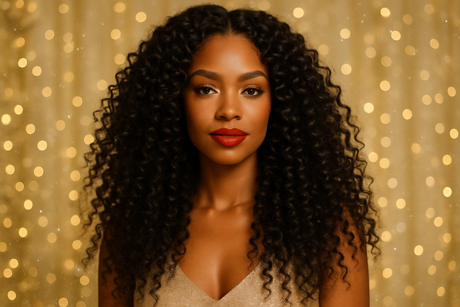 High-quality lifestyle photo of a confident model wearing a long, voluminous deep curly wig with defined curls (same texture as reference). Radiant holiday makeup with glowing skin and bold red lips. Festive gold and cream background with soft fairy lights and gentle snow sparkle. Elegant bokeh lighting, warm holiday tones, editorial fashion aesthetic, ultra-realistic, soft shadows, perfectly centered composition.